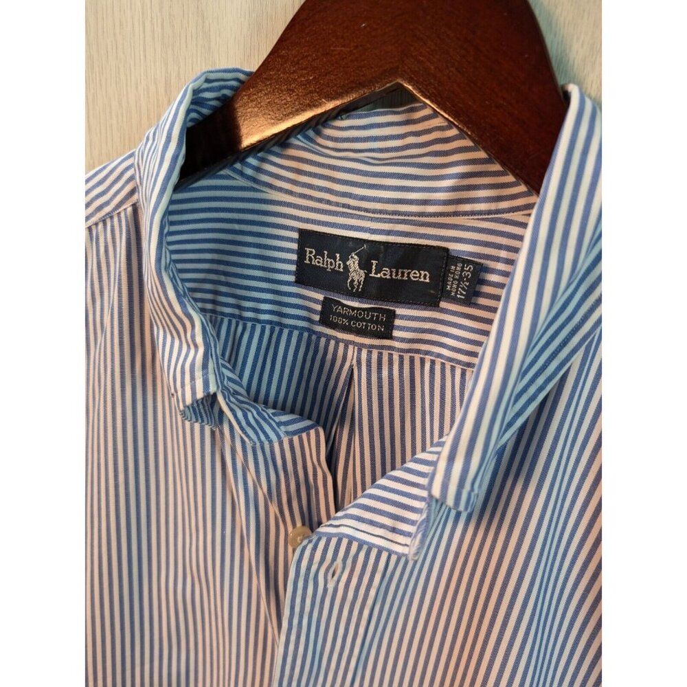 Vtg Ralph Lauren Shirt 17.5 35 Yarmouth 100% cotton Striped Blue Long Sleeve - Picture 4 of 7